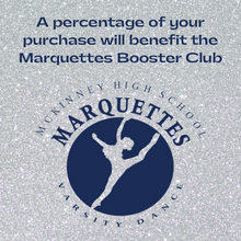 McKinney High school Marquettes logo with text reading a percentage of your purchase will benefit the Marquettes booster club in navy blue 