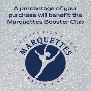 McKinney High school Marquettes logo with text reading a percentage of your purchase will benefit the Marquettes booster club in navy blue 