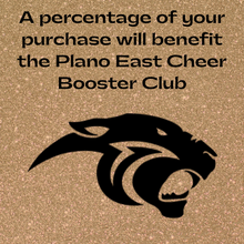 announcement stating a percentage of your purchase will benefit the plano east cheer booster club in black and gold
