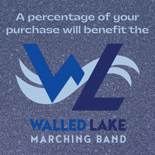 Announcement stating a percentage of your purchase will benefit the wall lake marching band logo