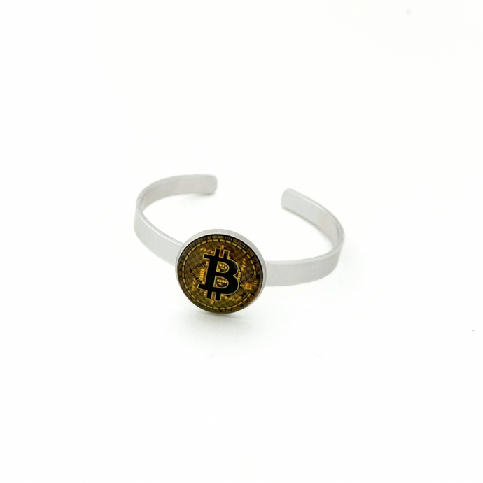 aluminum cuff bracelet with Bitcoin graphic