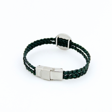 Back view of a green braided leather bracelet with stainless steel clasp and stainless steel slide charm