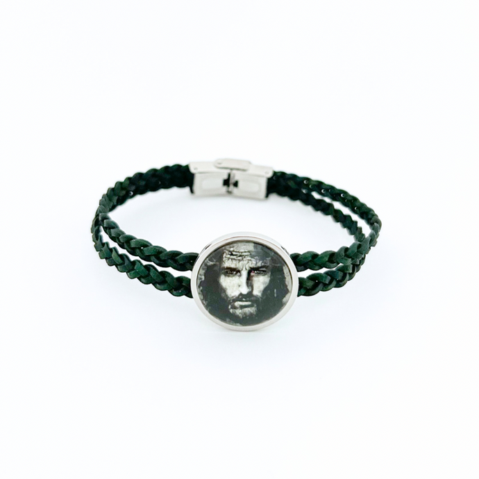 Braided leather bracelet with Jesus, graphic charm