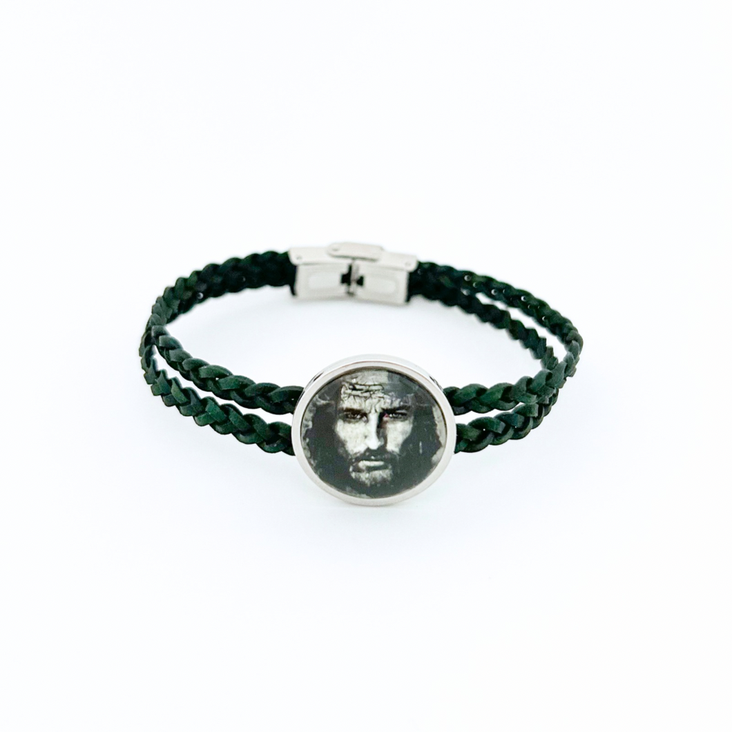 Braided leather bracelet with Jesus, graphic charm