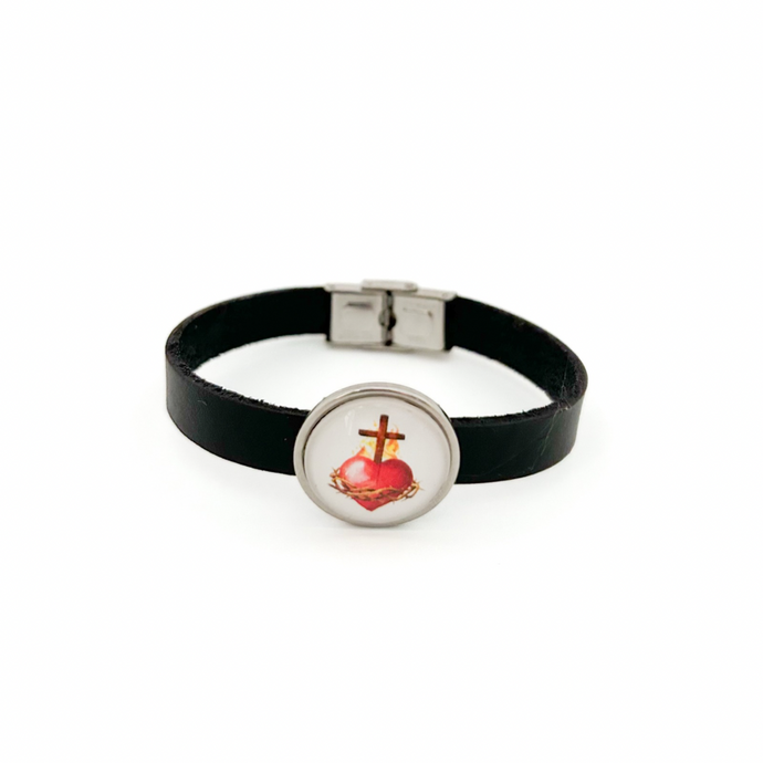 black sacred heart leather cuff bracelet with stainless steel clasp