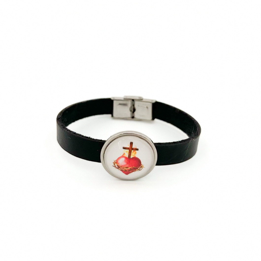 black sacred heart leather cuff bracelet with stainless steel clasp