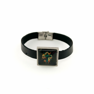 Black leather bracelet with a square charm featuring a cross design on a white background