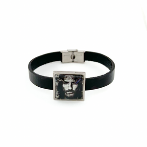 black leather cuff bracelet with Jesus Christ slide charm and stainless steel clasp
