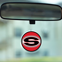 Acrylic photo disc with Sonoraville logo hanging from a car's rear view mirror.