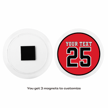 front and back view of a circular acrylic photo magnet with a red circle and black text area on a white background.