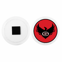 front and back circular acrylic photo magnet with Sonoraville high school logo in black red and white