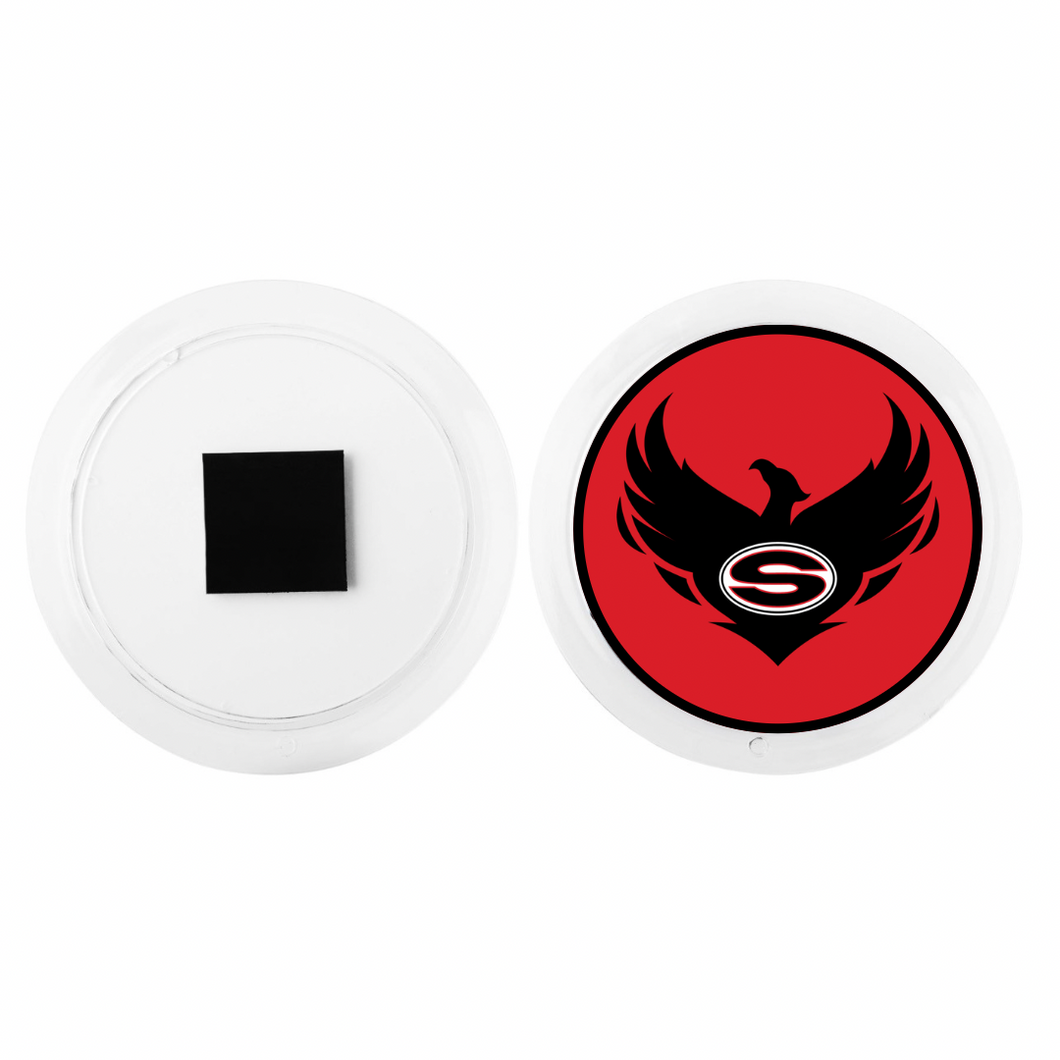 front and back circular acrylic photo magnet with Sonoraville high school logo in black red and white