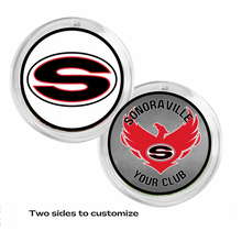 Two-sided acrylic photo disc with Sonoraville high school logo and text 