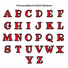 Red letters with black outline A to Z  with text 'Personalized Initial Options'