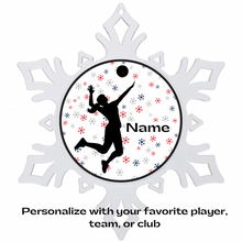 Decorative snowflake ornament with silhouette of a volleyball player and customizable text on a white background.