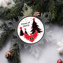Custom Sonoraville acrylic photo ornament with Christmas trees and 'Class of 20XX' text, surrounded by greenery and pinecones.