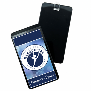 Personalized luggage bag tag with McKinney High School Marquettes Varsity Dance logo in navy blue and white on a white background