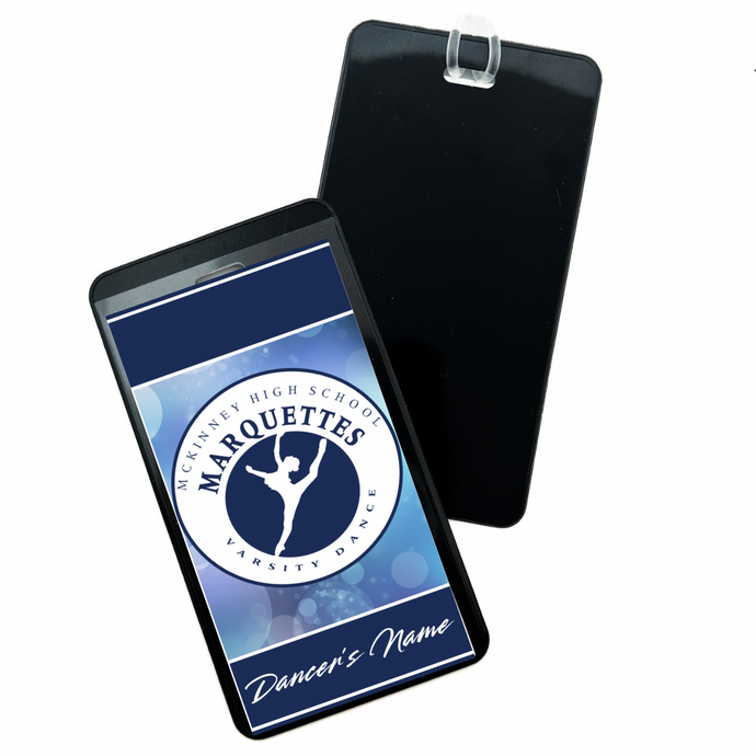 Personalized luggage bag tag with McKinney High School Marquettes Varsity Dance logo in navy blue and white on a white background