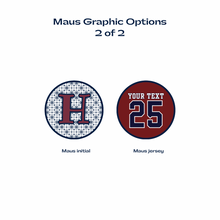 personalized Maus graphic options with a letter 'H' and number '25' in maroon and navy on a white background.
