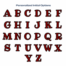 maroon letters A to Z on a white background with text 'Personalized Initial Options'.