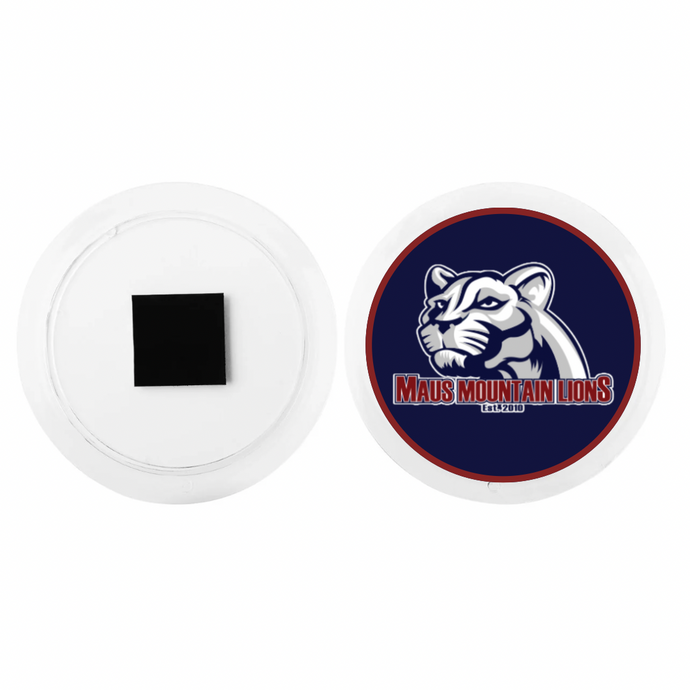 front and back view of an acrylic magnet with a Maus Mountain Lions logo on a white background