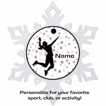 acrylic snowflake ornament with a silhouette of a person playing volleyball and space for personalization on a white background.
