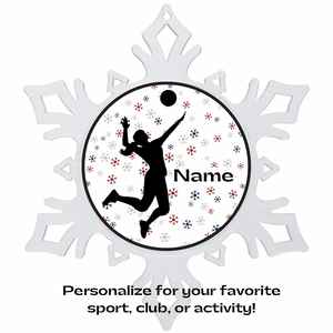 acrylic snowflake ornament with a silhouette of a person playing volleyball and space for personalization on a white background.