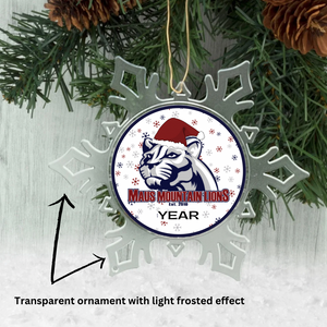acrylic ornament with Maus Mountain lions on a Christmas tree