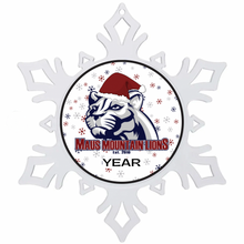 Snowflake-shaped ornament with Maus Mountain lions logo 