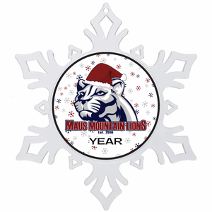 Snowflake-shaped ornament with Maus Mountain lions logo 