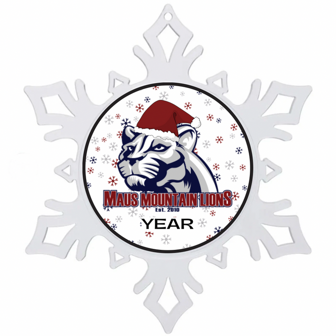Snowflake-shaped ornament with Maus Mountain lions logo 