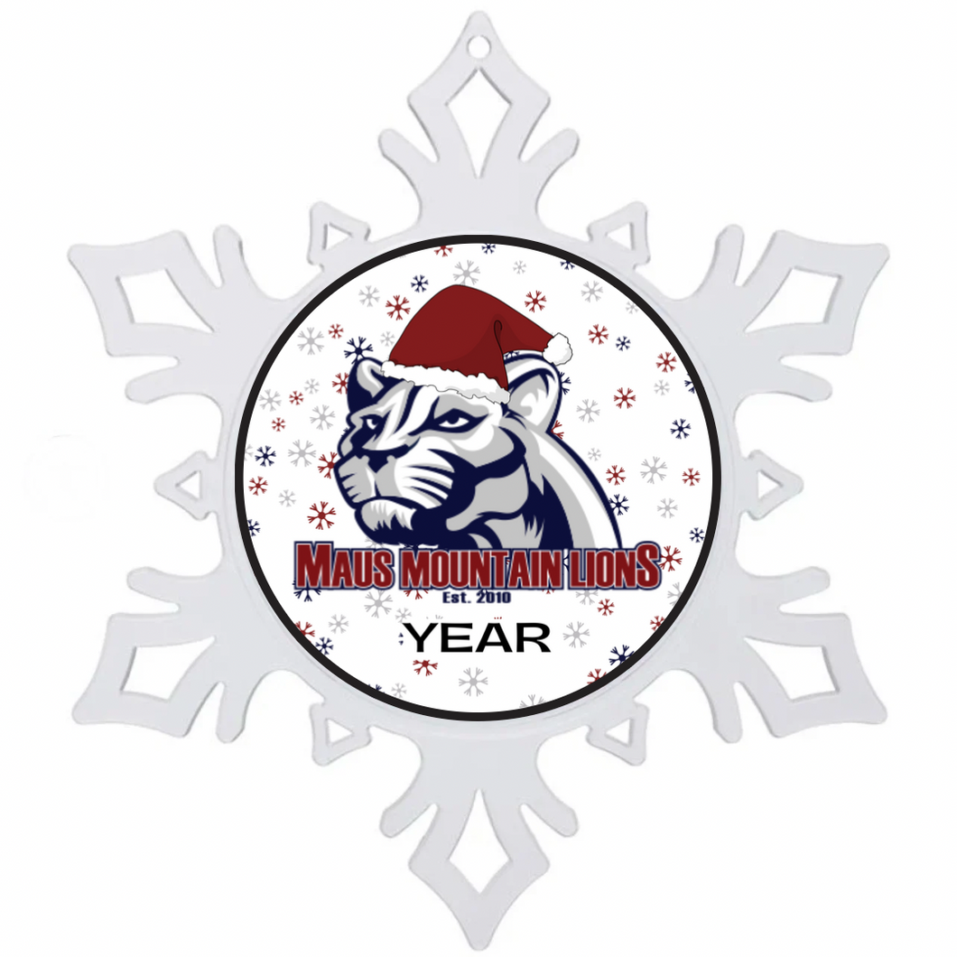 Snowflake-shaped ornament with Maus Mountain lions logo 