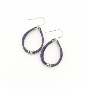 purple leather cord hoop earrings with stainless steel accents and titanium ear wires