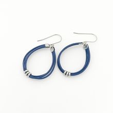 navy blue leather cord hoop earrings with stainless steel accents and titanium ear wires