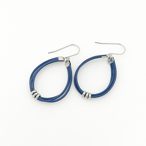 navy blue leather cord hoop earrings with stainless steel accents and titanium ear wires
