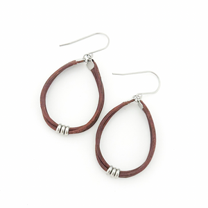 brown leather cord hoop earrings with stainless steel accents and titanium ear wires