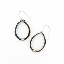 denim distressed blue leather cord hoop earrings with stainless steel accents and titanium ear wires