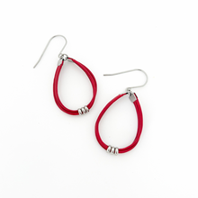 bright red leather cord hoop earrings with stainless steel accents and titanium ear wires