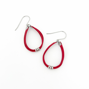 bright red leather cord hoop earrings with stainless steel accents and titanium ear wires