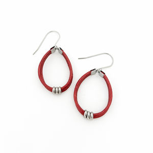 red leather cord hoop earrings with stainless steel accents and titanium ear wires