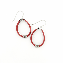 cinnamon red leather cord hoop earrings with stainless steel accents and titanium ear wires
