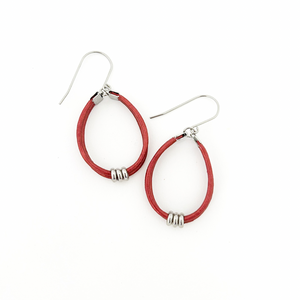cinnamon red leather cord hoop earrings with stainless steel accents and titanium ear wires