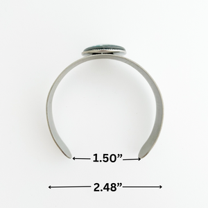 measurements of a stainless steel cabochon cuff bracelet with text