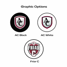 three logo graphic options featuring the Archbishop Curley high school and Friar C logos