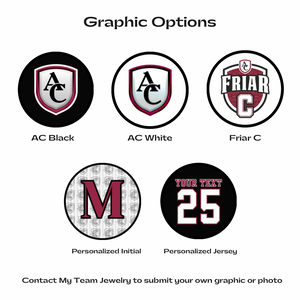various Archbishop Curley high school logos and personalized graphics in maroon, white, and black