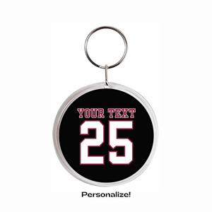 personalized acrylic Round keychain with customizable text and number on a black background