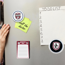 custom acrylic refrigerator magnets featuring the Archbishop Curley high school and Friar C logos with notes and a to do list