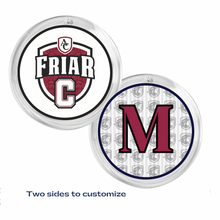 two customized acrylic photo discs with the Archbishop Curley Friar C logo and a personalized letter M in maroon, white, and black