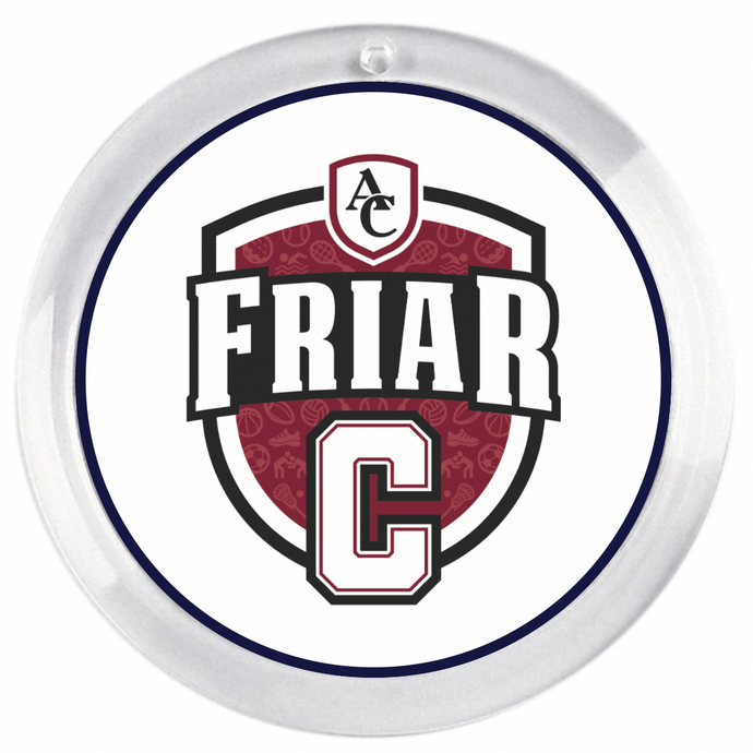 customized acrylic photo disc with the Archbishop Curley Friar C logo on a white background