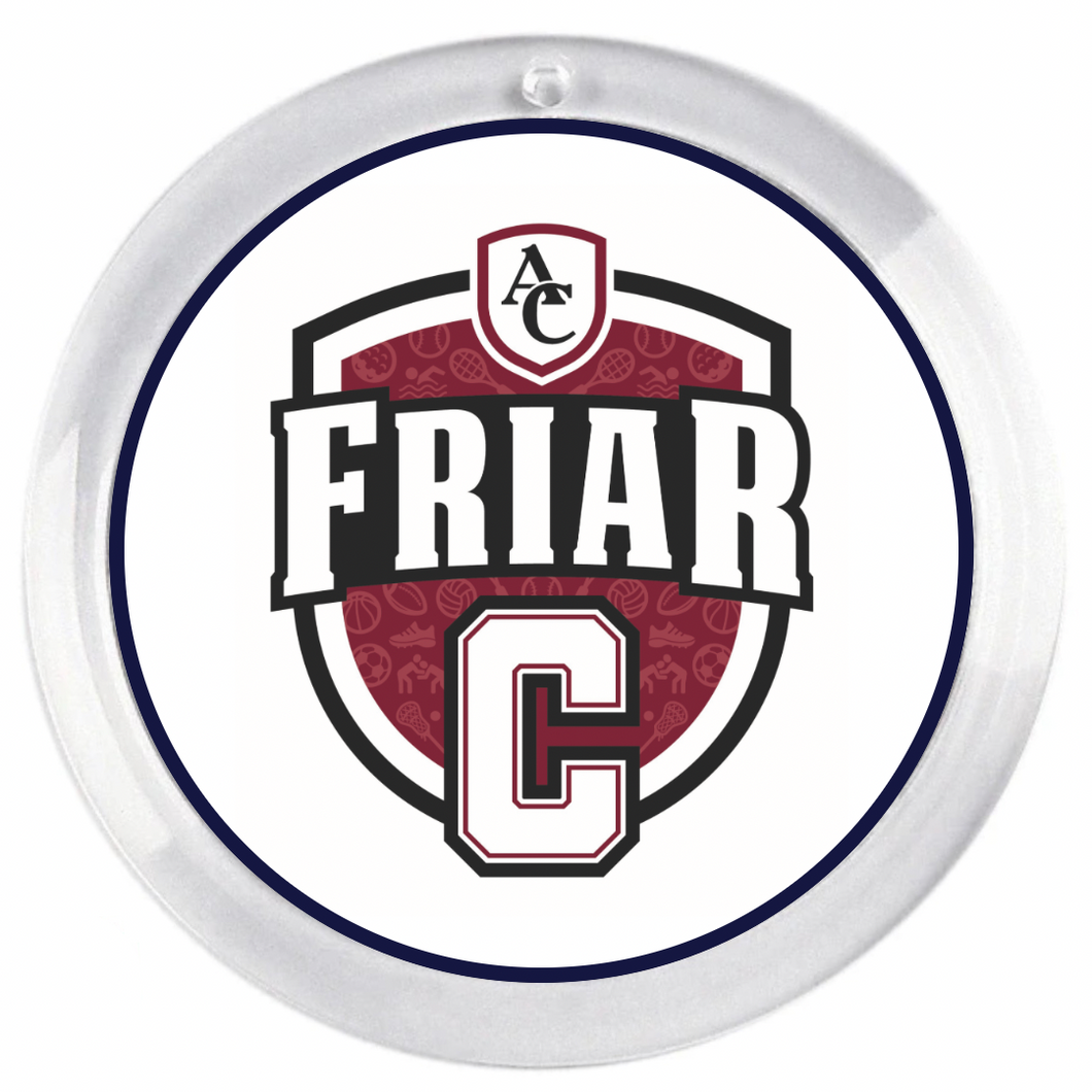 customized acrylic photo disc with the Archbishop Curley Friar C logo on a white background